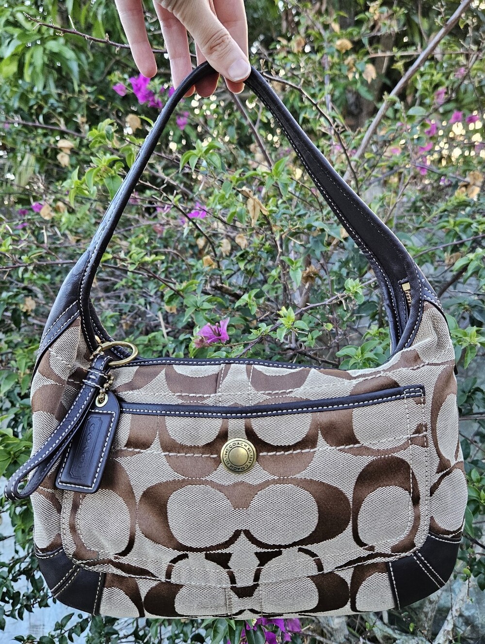 Coach 10764 Signature Canvas Ergo Hobo Bag Khaki Black Leather Trim w/ Hangtag
